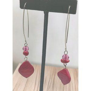 Red Pink Beaded Earrings Vintage Silver Tone Long Dangle